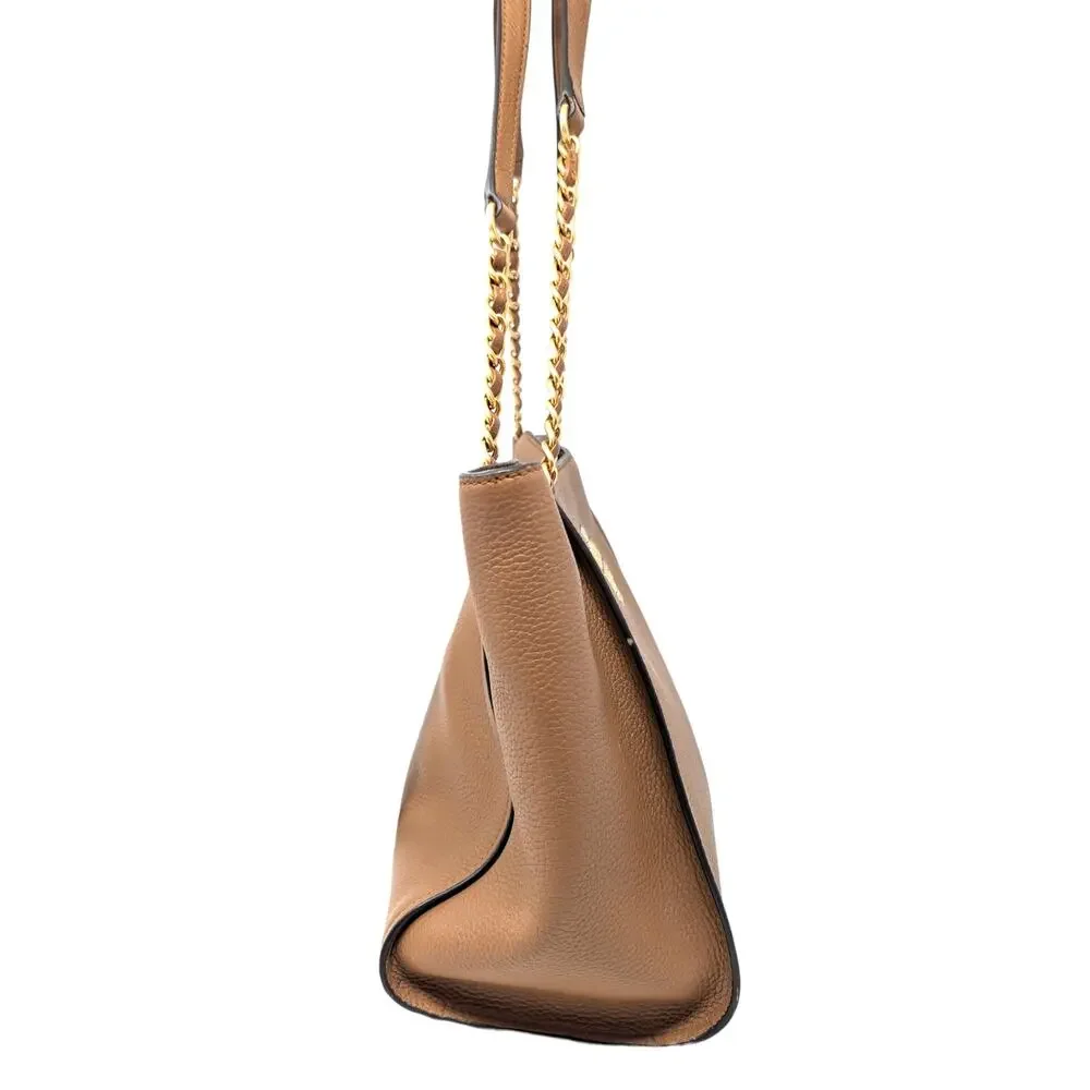 Tory Burch Britten‎ Tan Brown Pebbled Leather Chain Tote Shoulder Bag